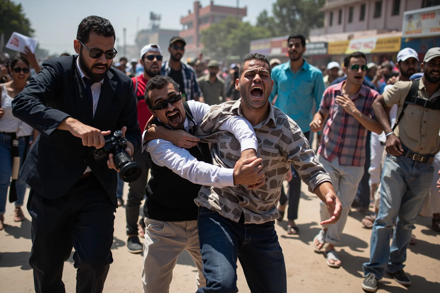 A moment of violence during a political rally, captured by photographers covering a breaking news event