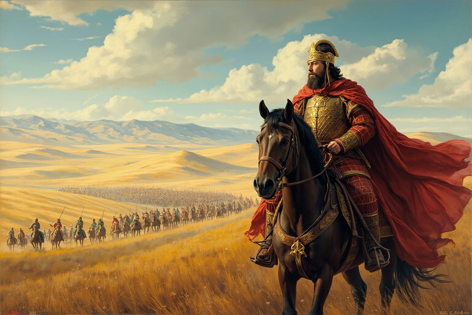 Most Interesting People in History: 22 Figures Who Shaped the World 3 A Mongol horseback leader in armor surveying a vast steppe landscape with an army of riders in the distance, painted historical style