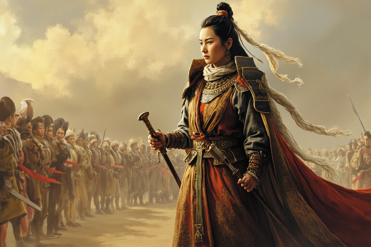 A Mongol princess in traditional armor standing triumphantly after a wrestling match in a nomadic camp, painterly historical illustration