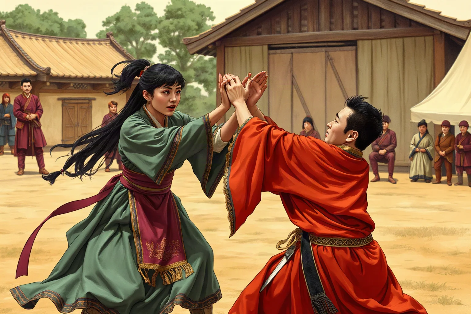 A Mongol princess in traditional dress wrestling an opponent in an outdoor tournament setting, historical illustration