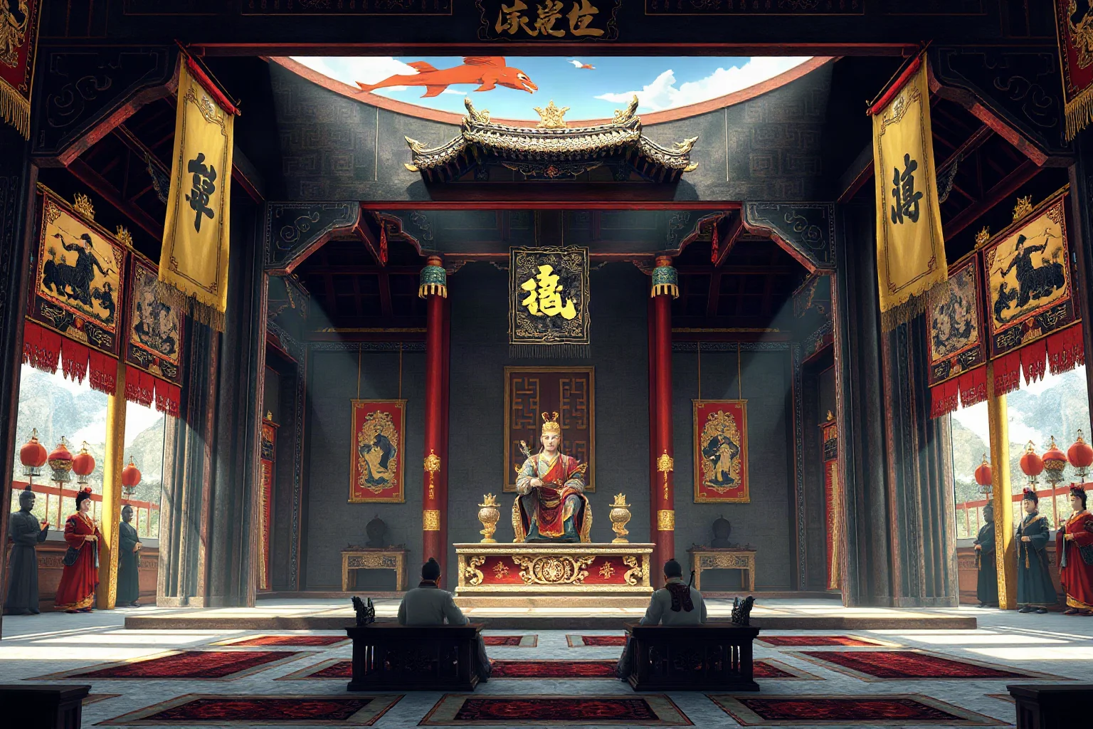 A Mongol-style Chinese imperial court scene with a throne room and banners