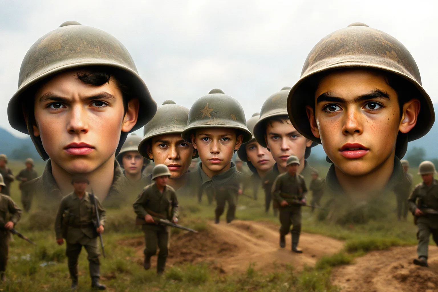 A montage of documentary-style images showing young soldiers' faces and statistics overlaid on a Vietnam War battlefield scene