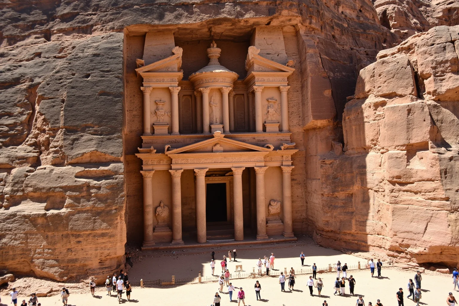 A monumental temple carved directly into a rock cliff face