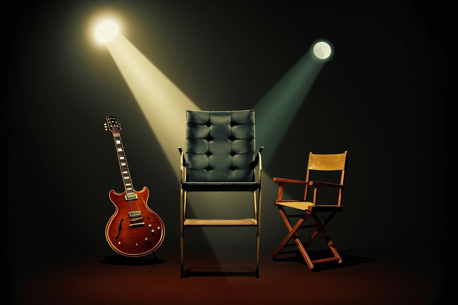 Historical Figures That Were Shockingly Born In The Same Year 7 A moody 1940s-inspired illustration symbolizing rock music and cinema, featuring two electric guitars and a director's chair, dramatic lighting