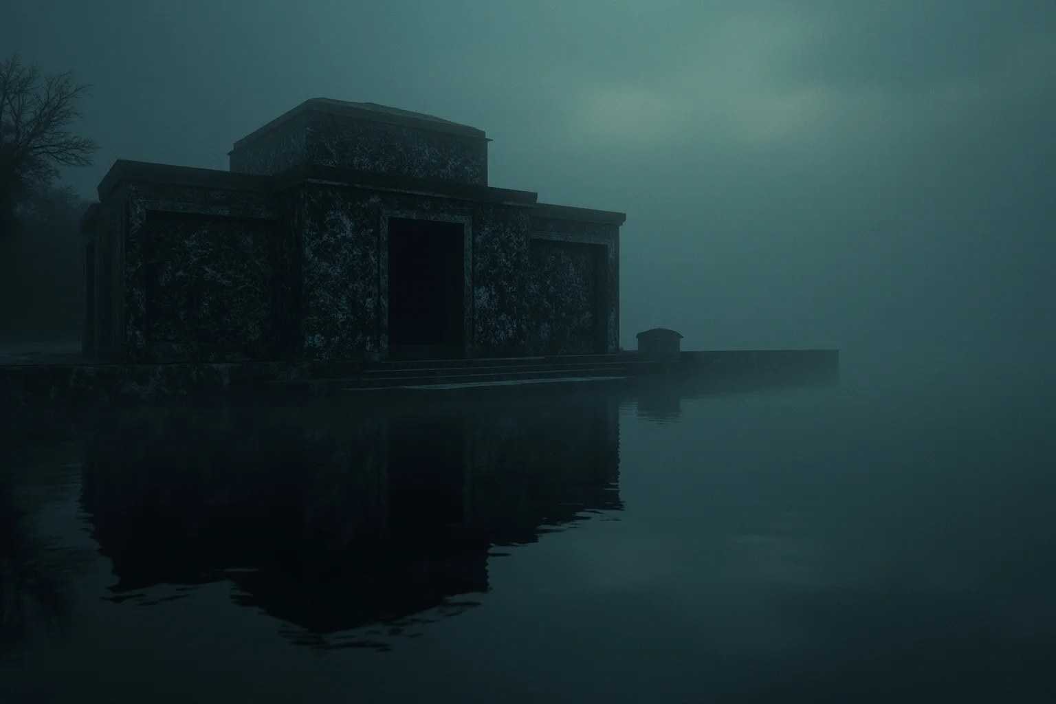 A moody artistic rendering of a phantom black marble mausoleum reflected faintly across a river at dusk