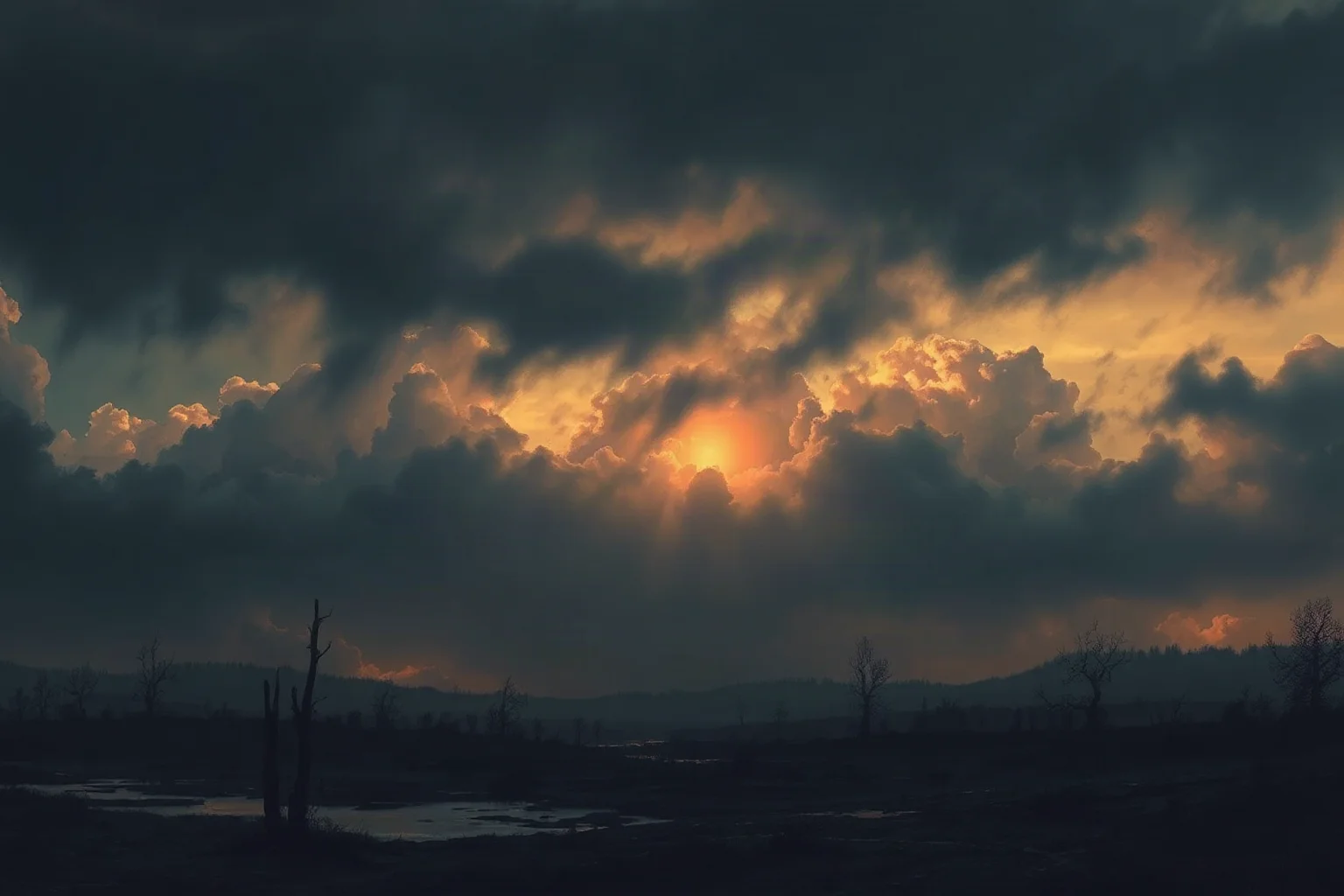 A moody, atmospheric illustration of a darkened sky over a desolate landscape, evoking a bleak poetic vision, romantic-era art style