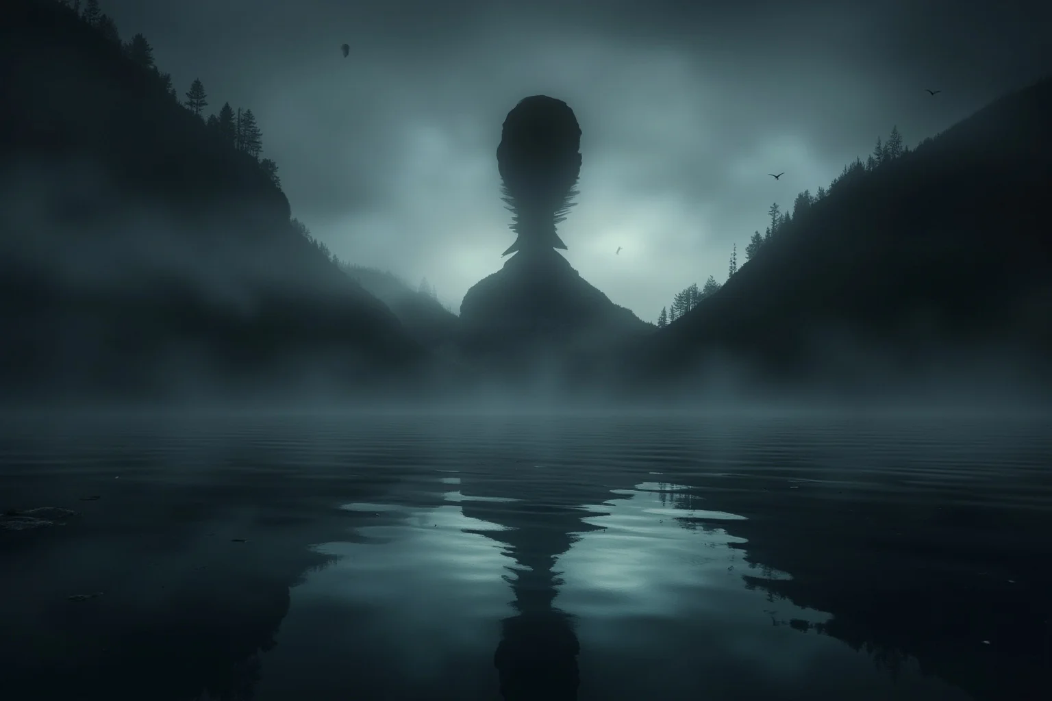 Famous Dragons Throughout History: Myths, Legends, and the Real Stories Behind Them 21 A moody, atmospheric illustration of a shadowy shape rippling beneath a misty Scottish lake