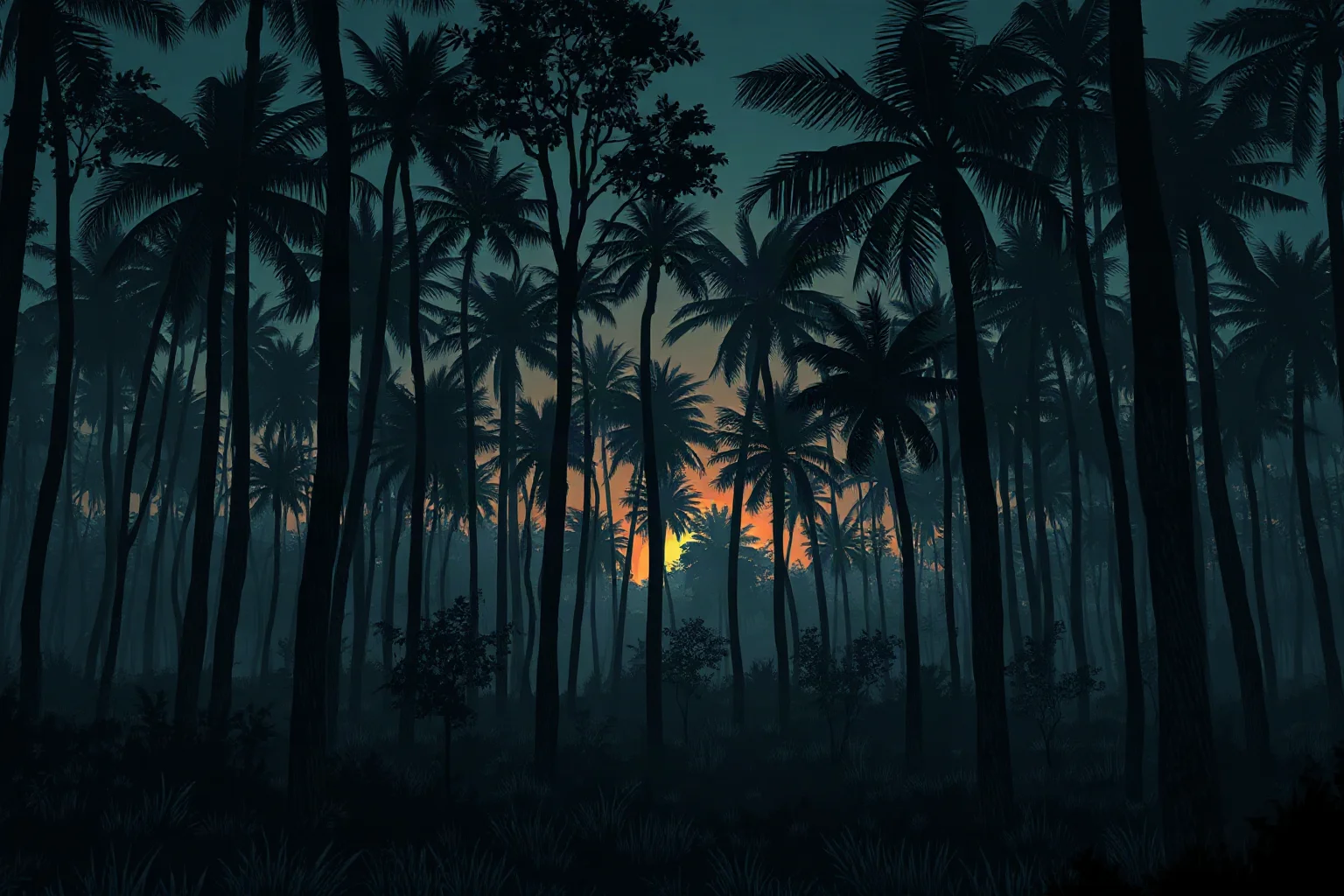 A moody, atmospheric illustration of an empty Mauritius forest at dusk, evoking the quiet disappearance of the dodo bird.