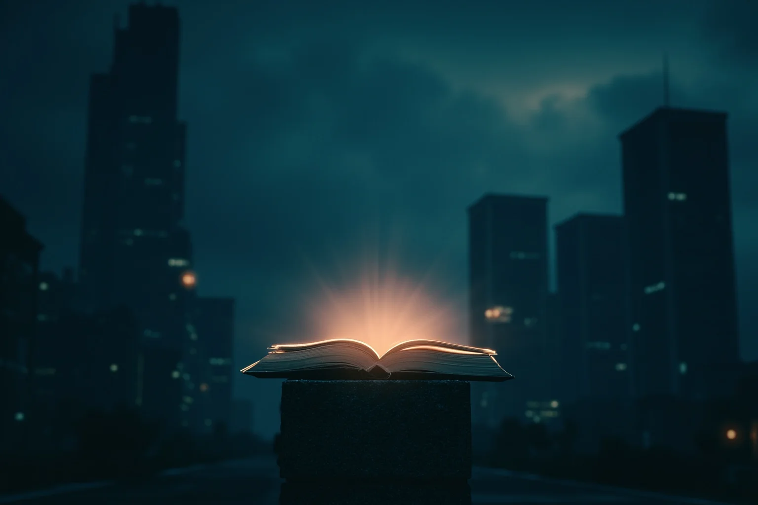 A moody dystopian cityscape at night with a single glowing book on a stone pedestal