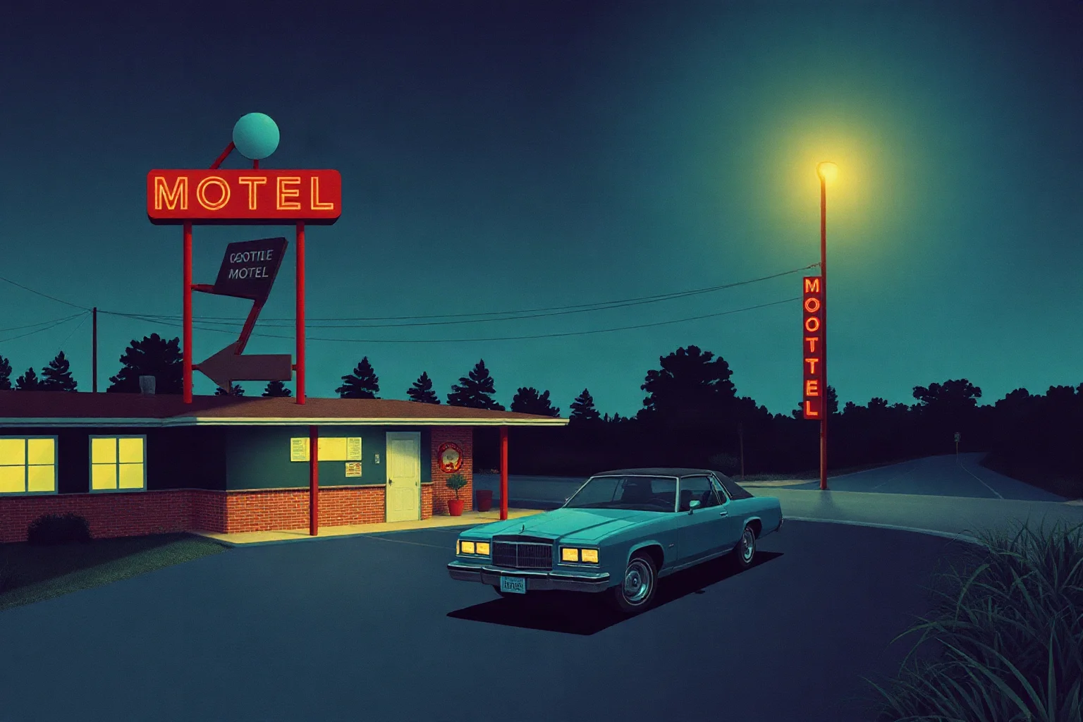 A moody illustrated 1970s American roadside motel at night with a lone car under a flickering streetlight