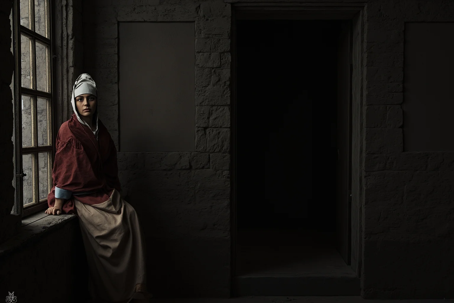 Historical Figures Who Died Of A Broken Heart 8 A moody illustrated portrait of a Tudor-era queen sitting alone by a window in a dim stone castle room