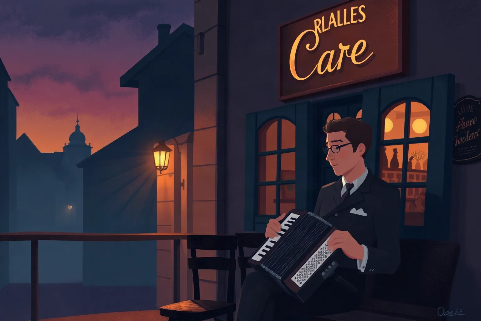 A moody illustrated scene of a lone accordion player performing outside a dimly lit European café at dusk, 1940s style