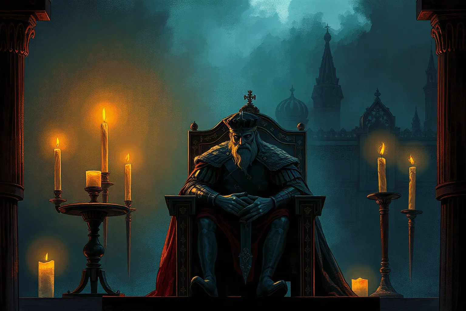 A moody illustration of a brooding medieval Russian tsar sitting alone on a throne, lit by flickering candlelight