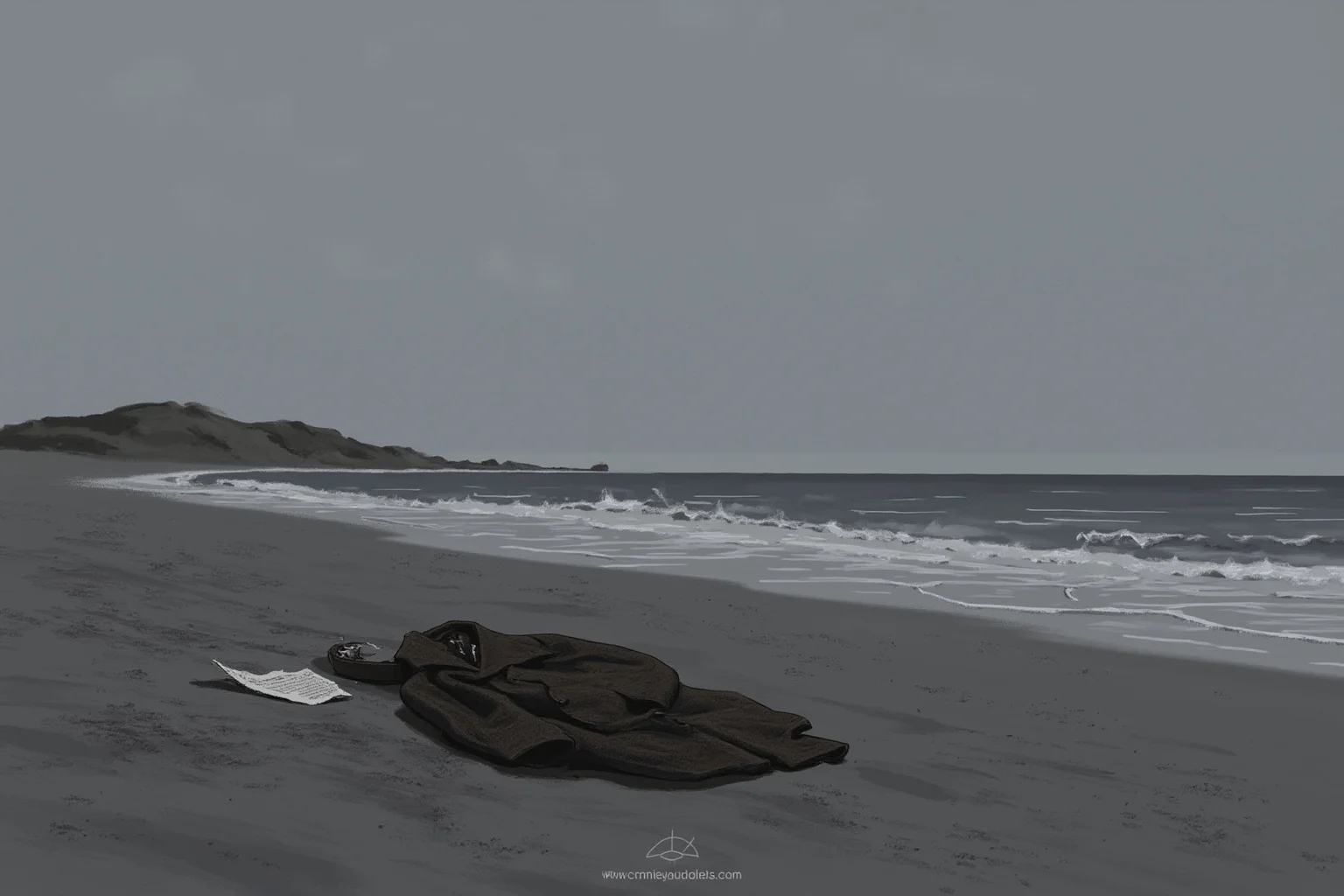 20 of the Most Mysterious People in History 9 A moody illustration of a deserted beach at dawn with a folded overcoat and a small torn scrap of paper lying in the sand