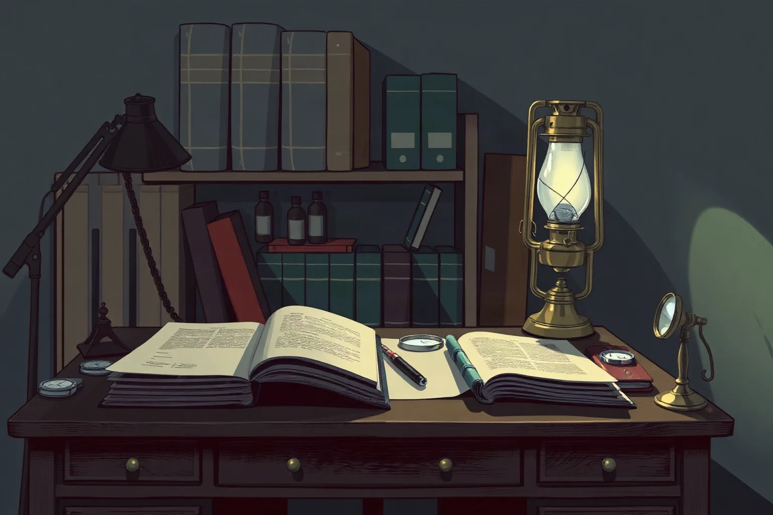 A moody illustration of a Scotland Yard detective's desk in the 1880s, with case files, a magnifying glass, and a gas lamp, no identifiable real figures