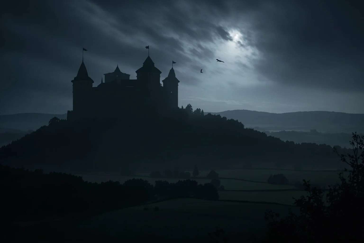 A moody illustration of a shadowy castle silhouette in the Hungarian countryside under a stormy sky