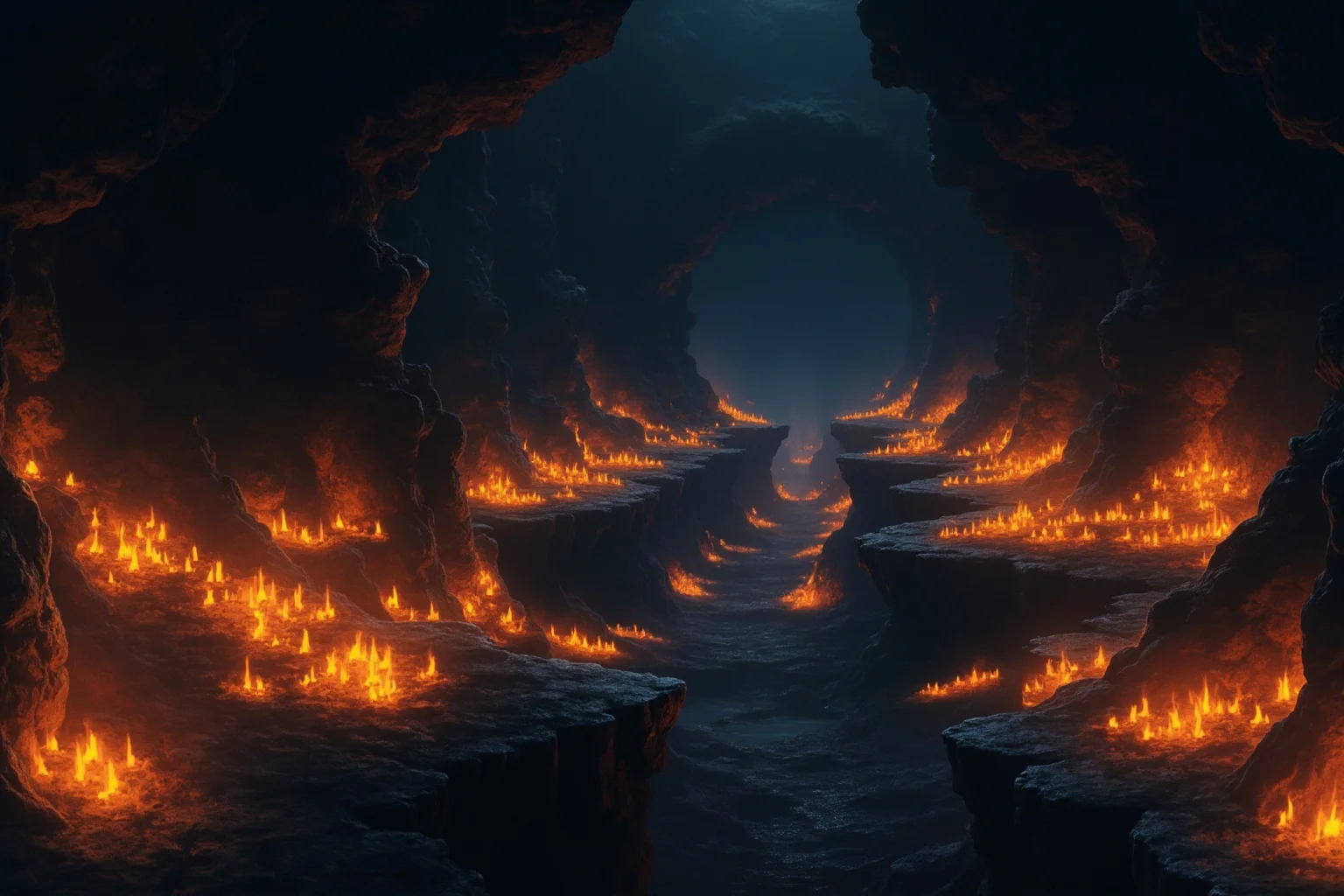 Grim Childhoods Indeed: The 20 Darkest Brothers Grimm Fairy Tales 20 A moody illustration of a vast underground cave lined with thousands of flickering candles of different heights