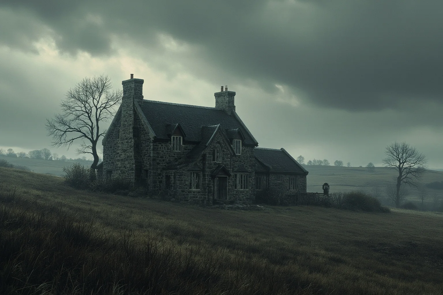 Historical Figures Who Died Of A Broken Heart 15 A moody illustration of a Victorian-era stone parsonage on a windswept moor under a grey sky