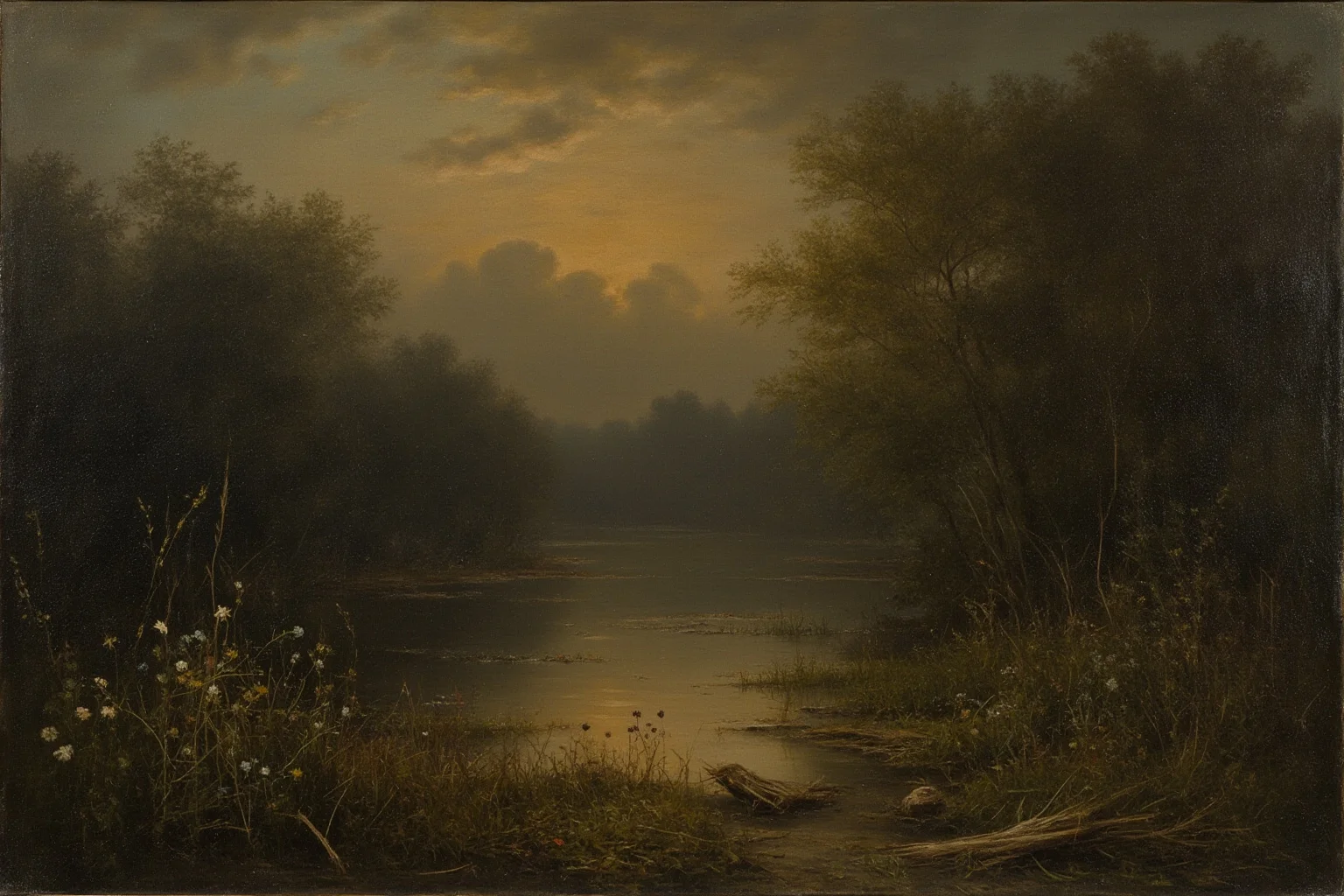 A moody Romantic-era style painting of a river bank at dusk with wildflowers and reeds, evoking a tragic Shakespearean death scene, no visible people