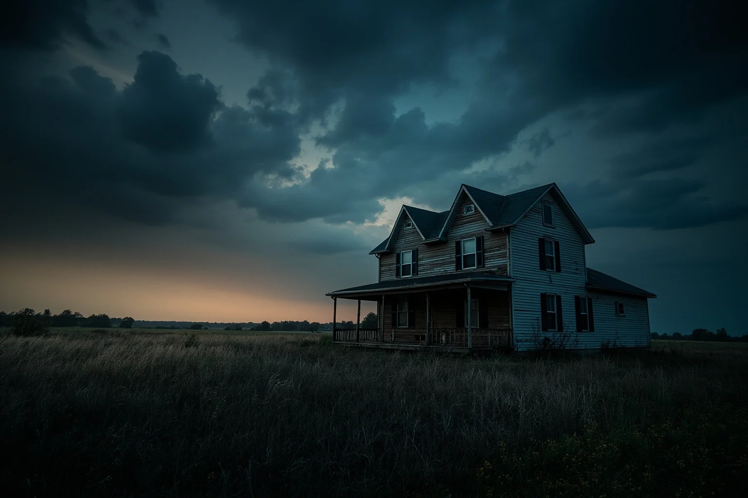 A moody rural Kansas farmhouse at dusk under a stormy sky, evoking a true crime setting
