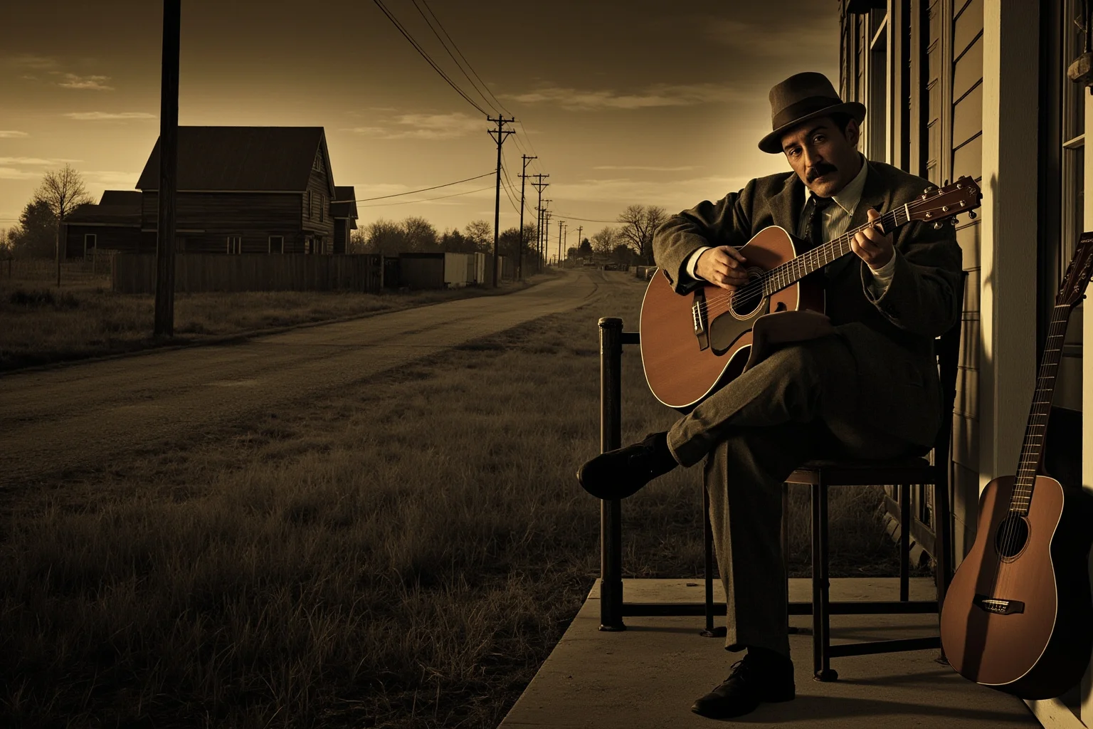 A moody sepia-toned illustration of a 1930s Delta blues musician sitting on a porch with an acoustic guitar at a rural crossroads at dusk