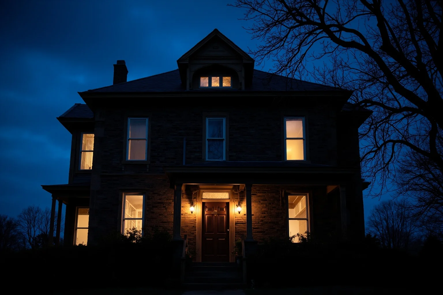 A moody Victorian-era house exterior at dusk evoking an 1890s New England murder mystery