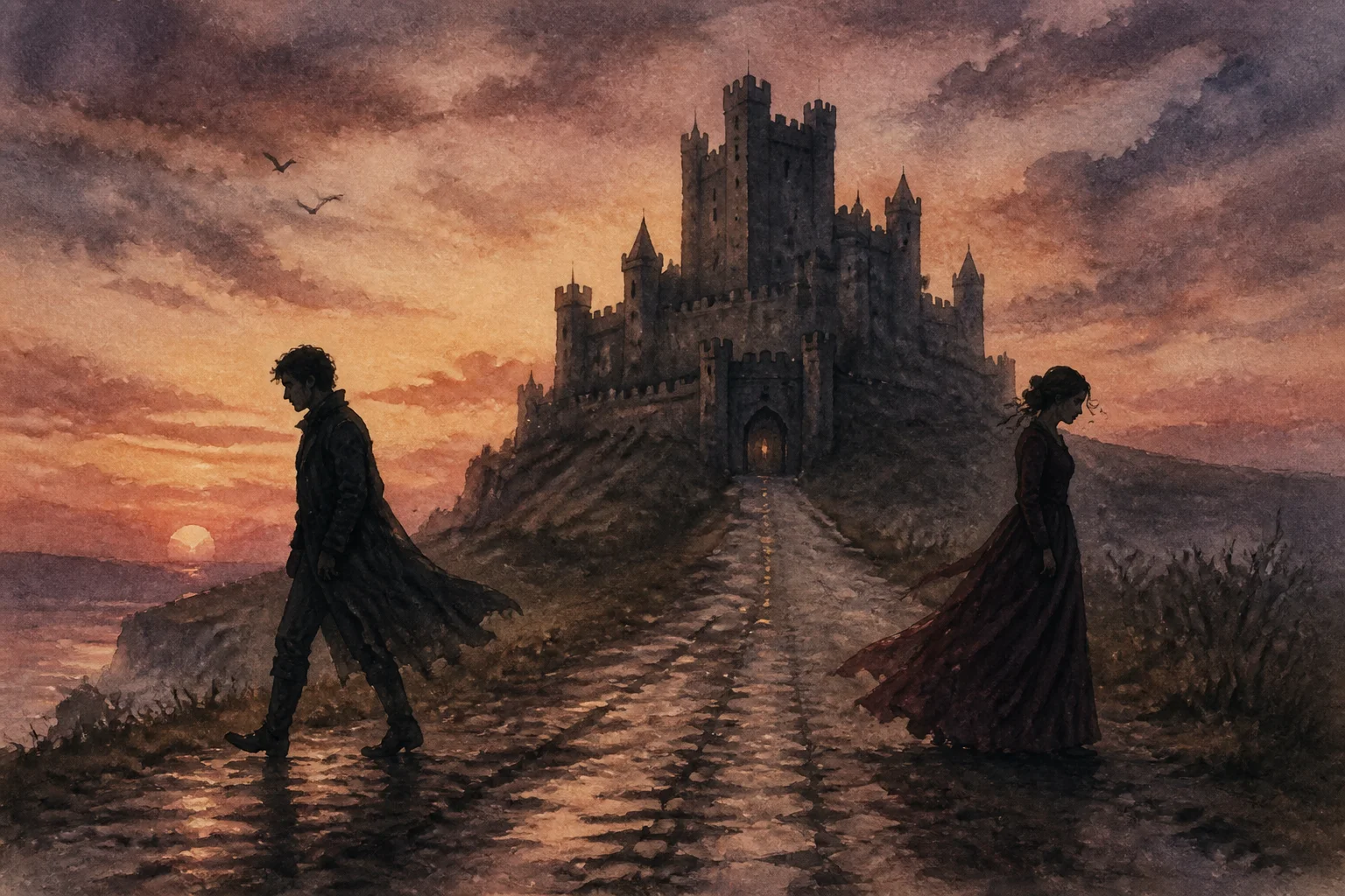 A moody watercolor illustration of two silhouetted figures walking in opposite directions away from a castle at dusk, evoking a historical breakup theme