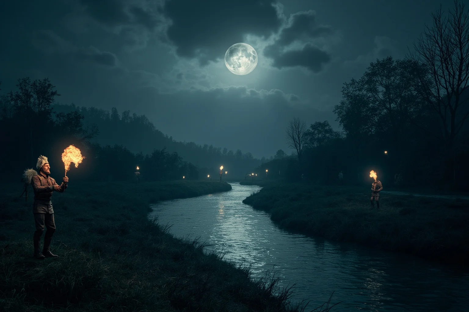Missing Legendary Treasures That Are Yet to Be Found 19 A moonlit river bend in a valley with workers' torches reflecting on the water, evoking a hidden royal burial