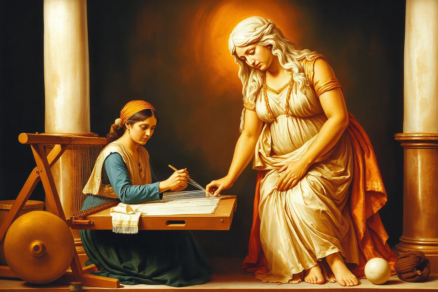 A mortal woman weaving at a loom beside a glowing goddess figure, in the style of an ancient Greek vase painting