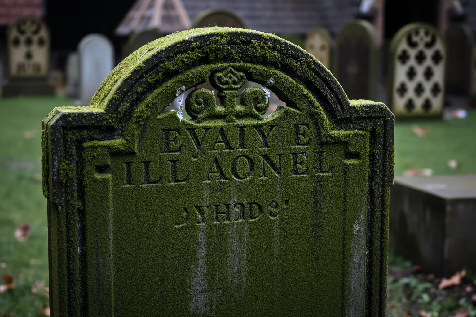 A moss-covered old English gravestone with worn engraved lettering in a quiet churchyard