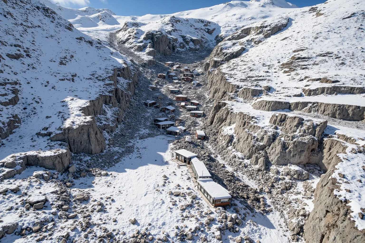 A mountain village buried under a massive landslide and avalanche of snow and rock