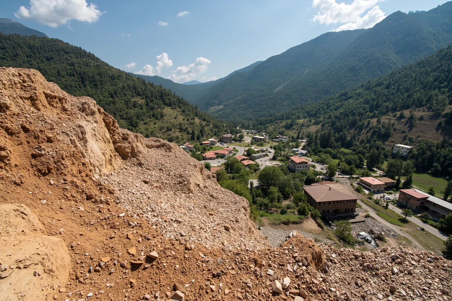 A mountainous rural landscape with landslide debris covering a small village after an earthquake