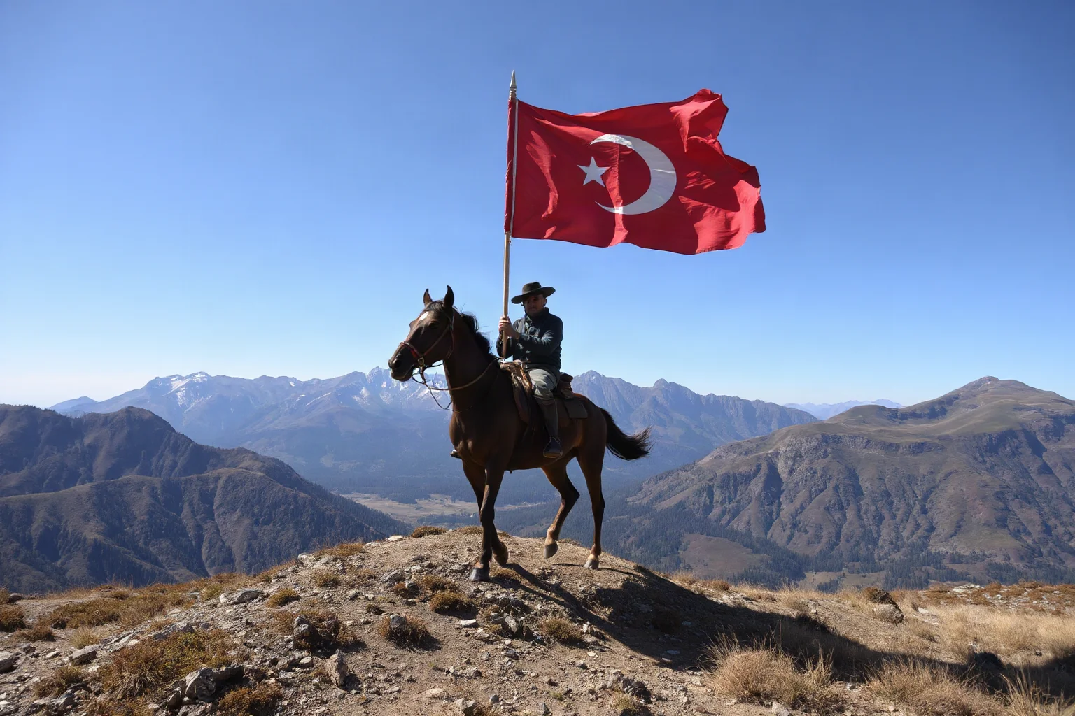 A mounted revolutionary leader carrying a flag while crossing mountainous terrain