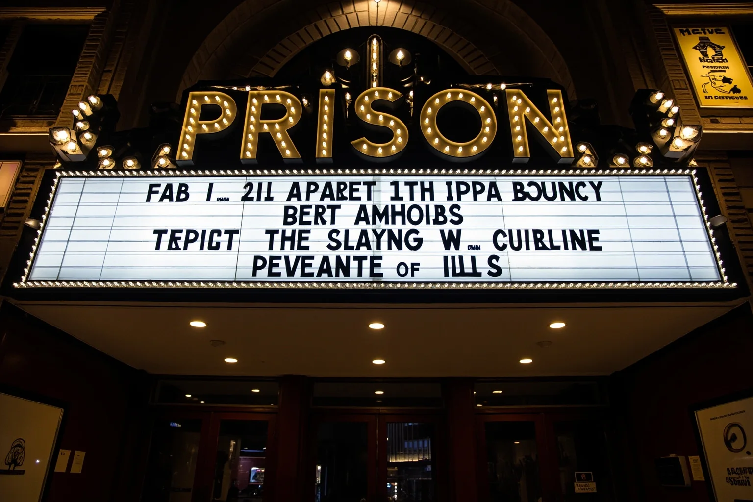 A movie theater marquee with a dramatic prison-themed film title, representing the cultural legacy of the study
