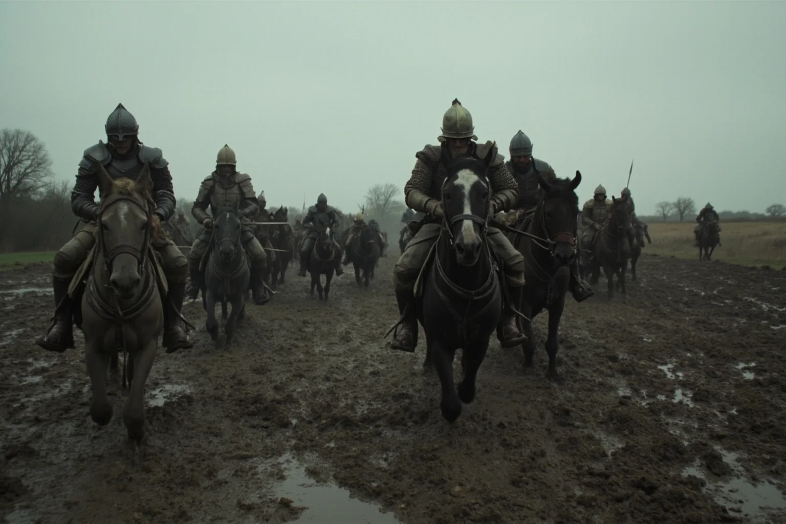 A muddy medieval battlefield with knights struggling through thick mud under a grey autumn sky