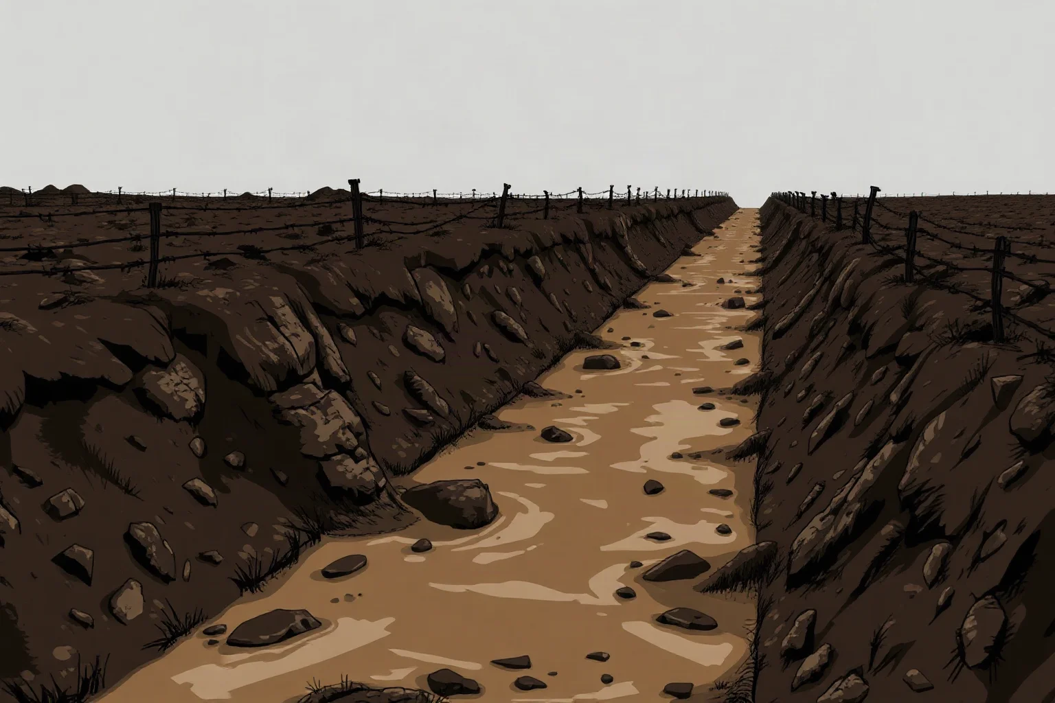 A muddy World War I era trench landscape under a grey sky with barbed wire silhouettes, somber illustration, no graphic imagery.
