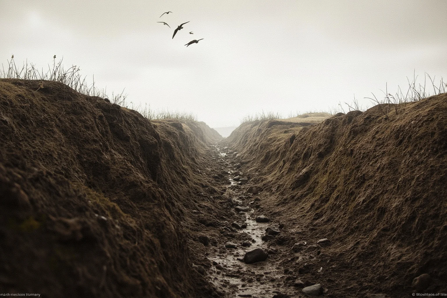 23 Worst Things That Ever Happened in History 9 A muddy World War I trench landscape under a gray sky, illustrated in a historical documentary style