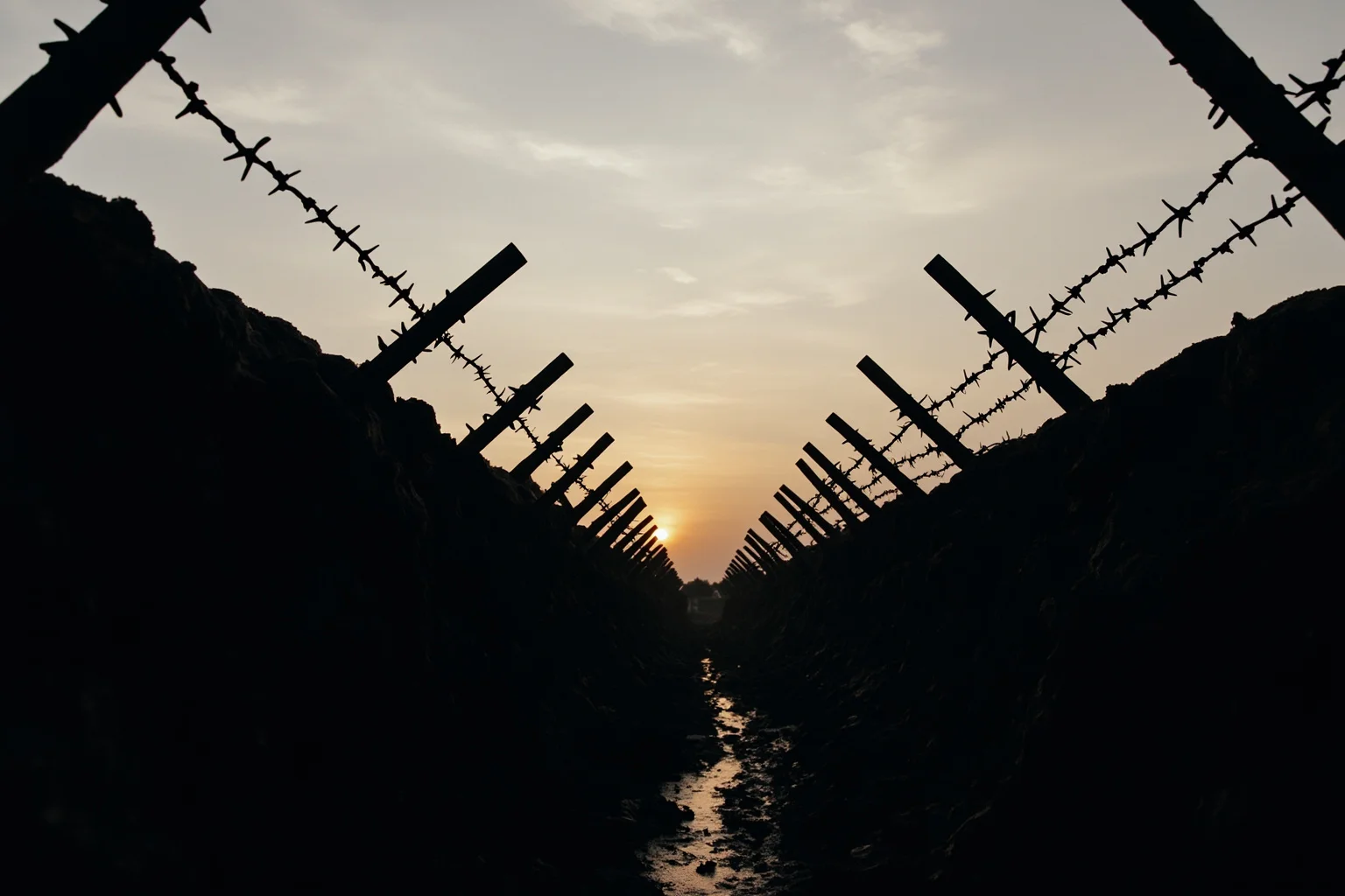 The Worst Events in Human History: 22 of the Darkest Chapters Ever Recorded 4 A muddy WWI trench line at dawn with barbed wire silhouettes against a grey sky
