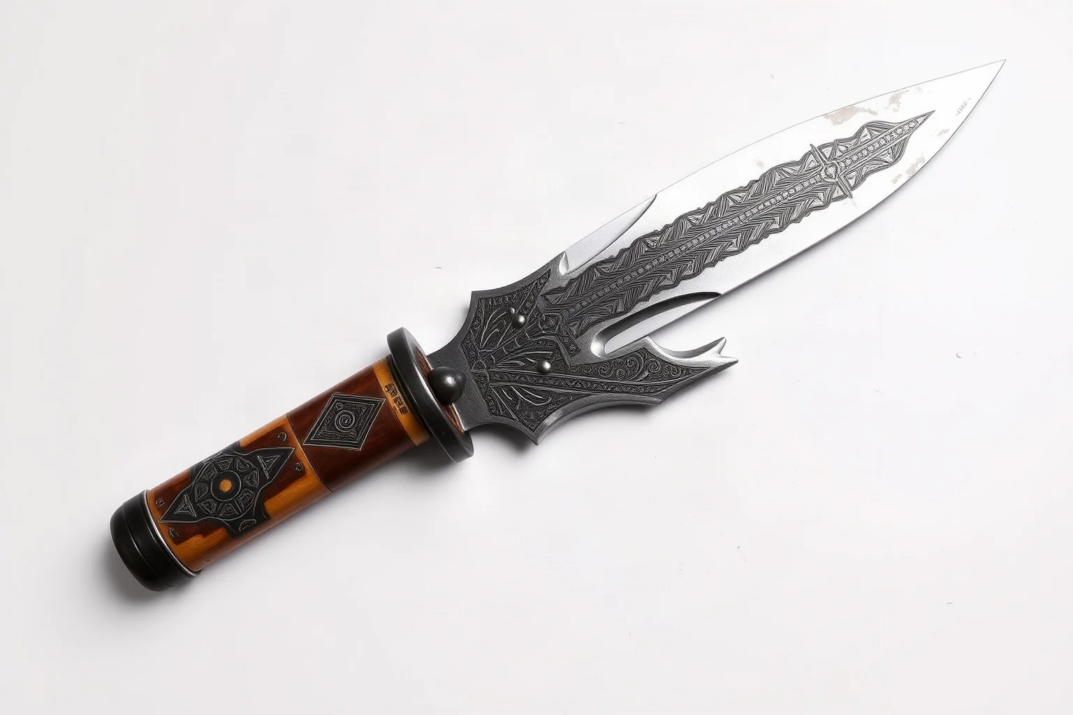 A multi-pointed African kpinga throwing knife with intricate ironwork, isolated on neutral background