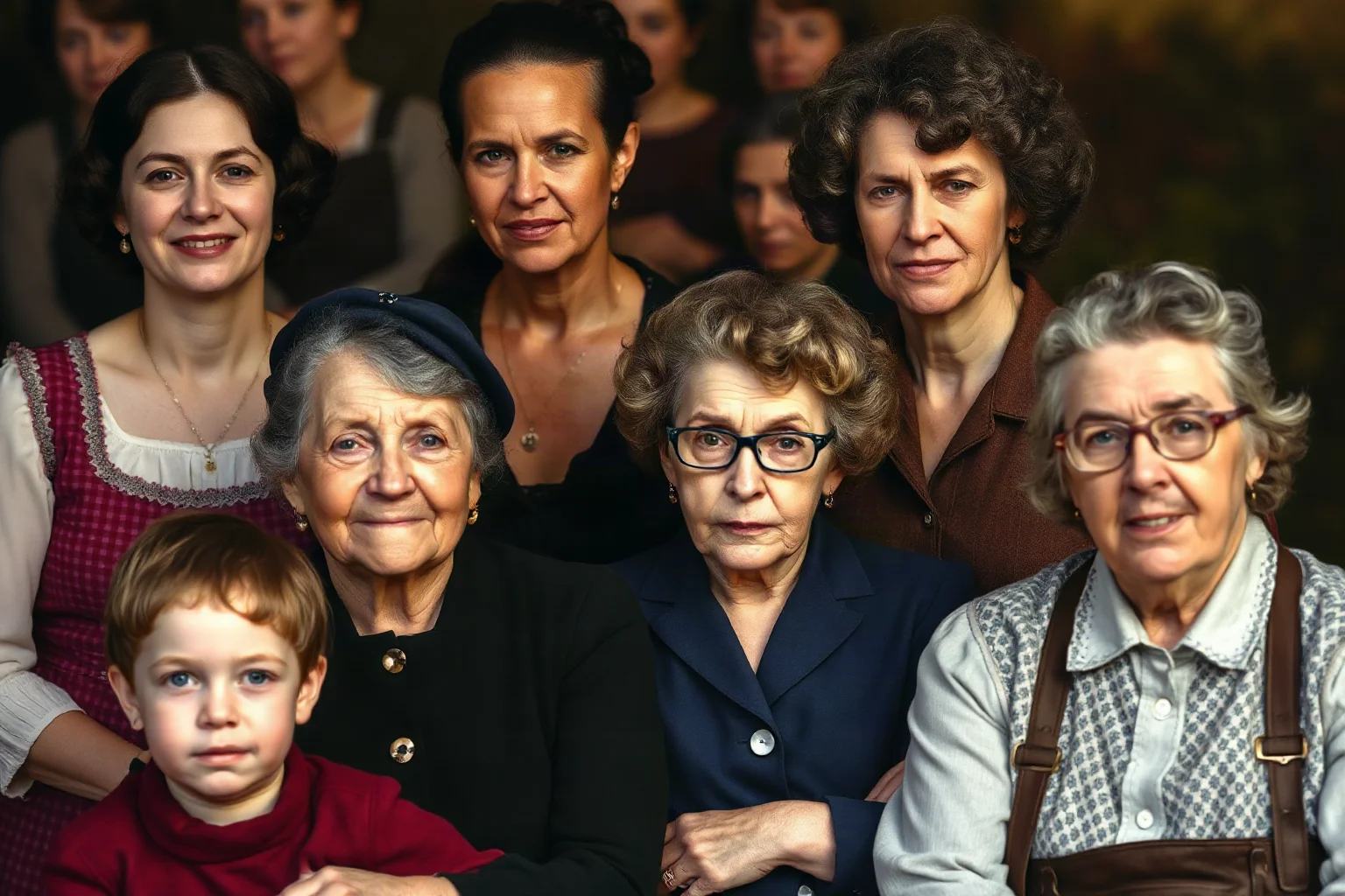 A multigenerational family portrait of suffragettes from different eras, women of varying ages with determined expressions