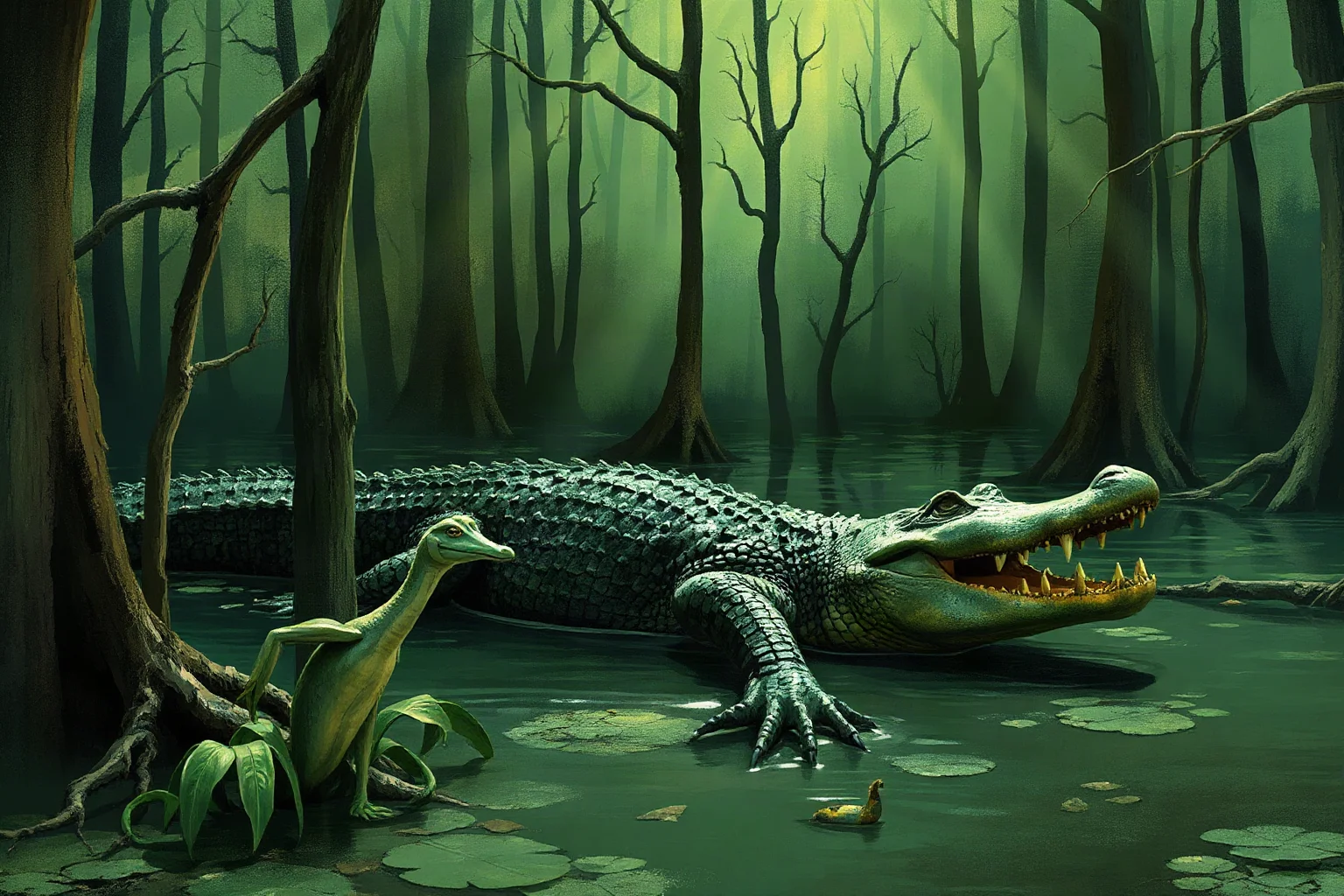 A murky green swamp scene with an alligator, evoking an old traveling sideshow poster style, non-realistic
