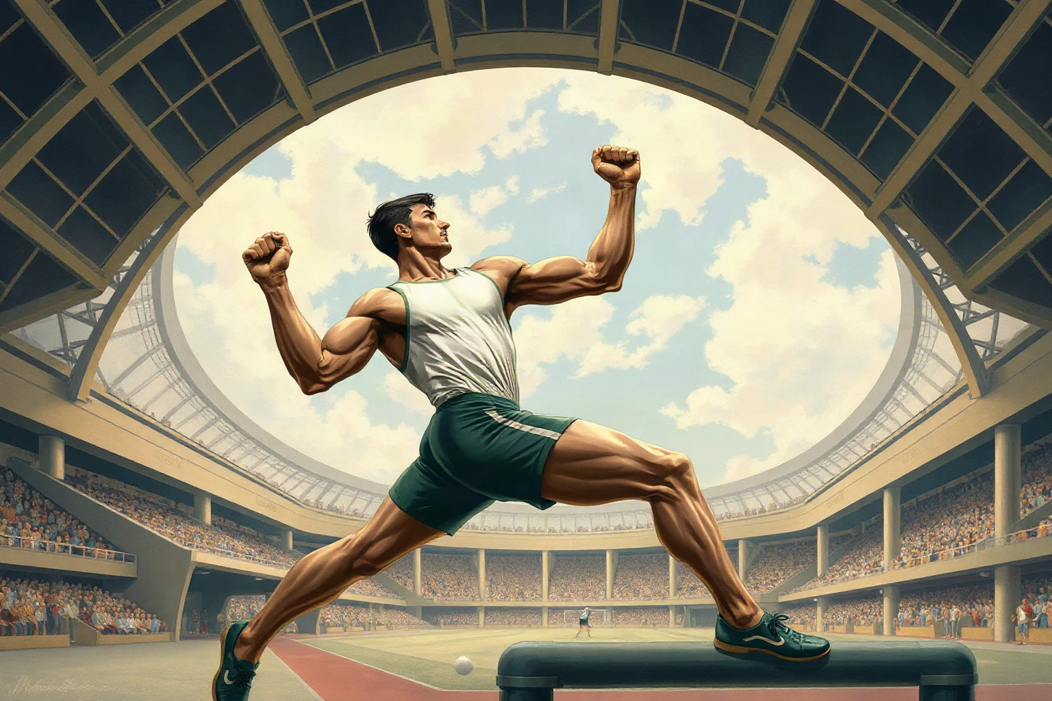 A muscular athlete competing in a 1912 Olympic stadium, vintage sports illustration style, no identifiable real person