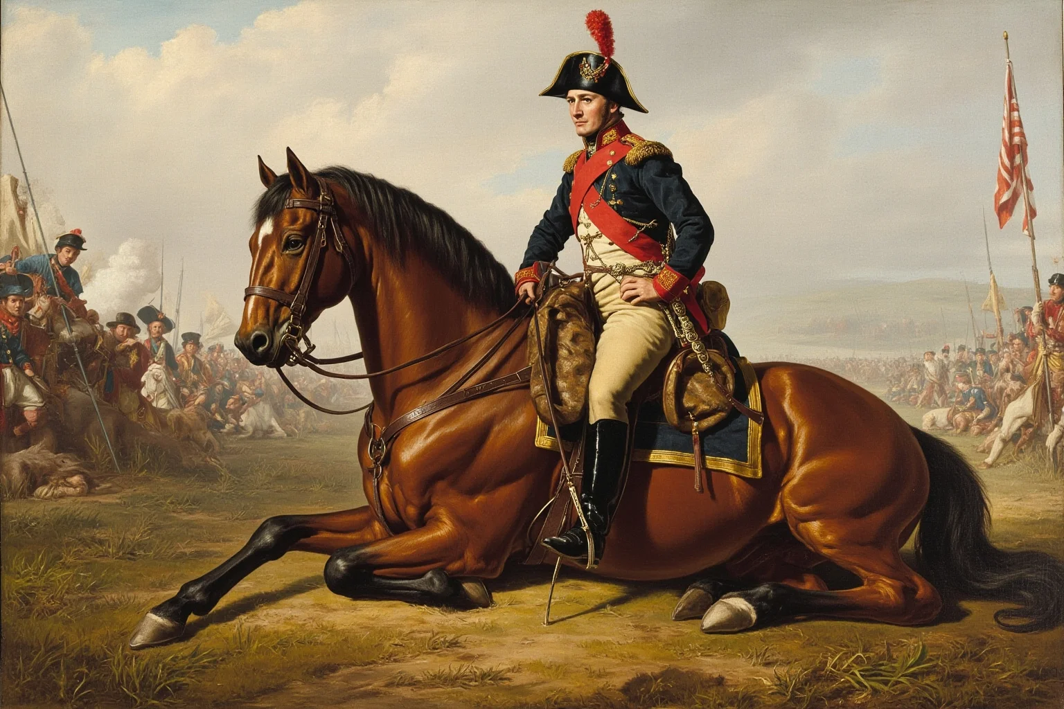 Famous Horses in History: 22 of the Most Legendary Names 10 A muscular bay warhorse with battle-worn tack resting near a British cavalry officer on the Waterloo battlefield, historical painting style