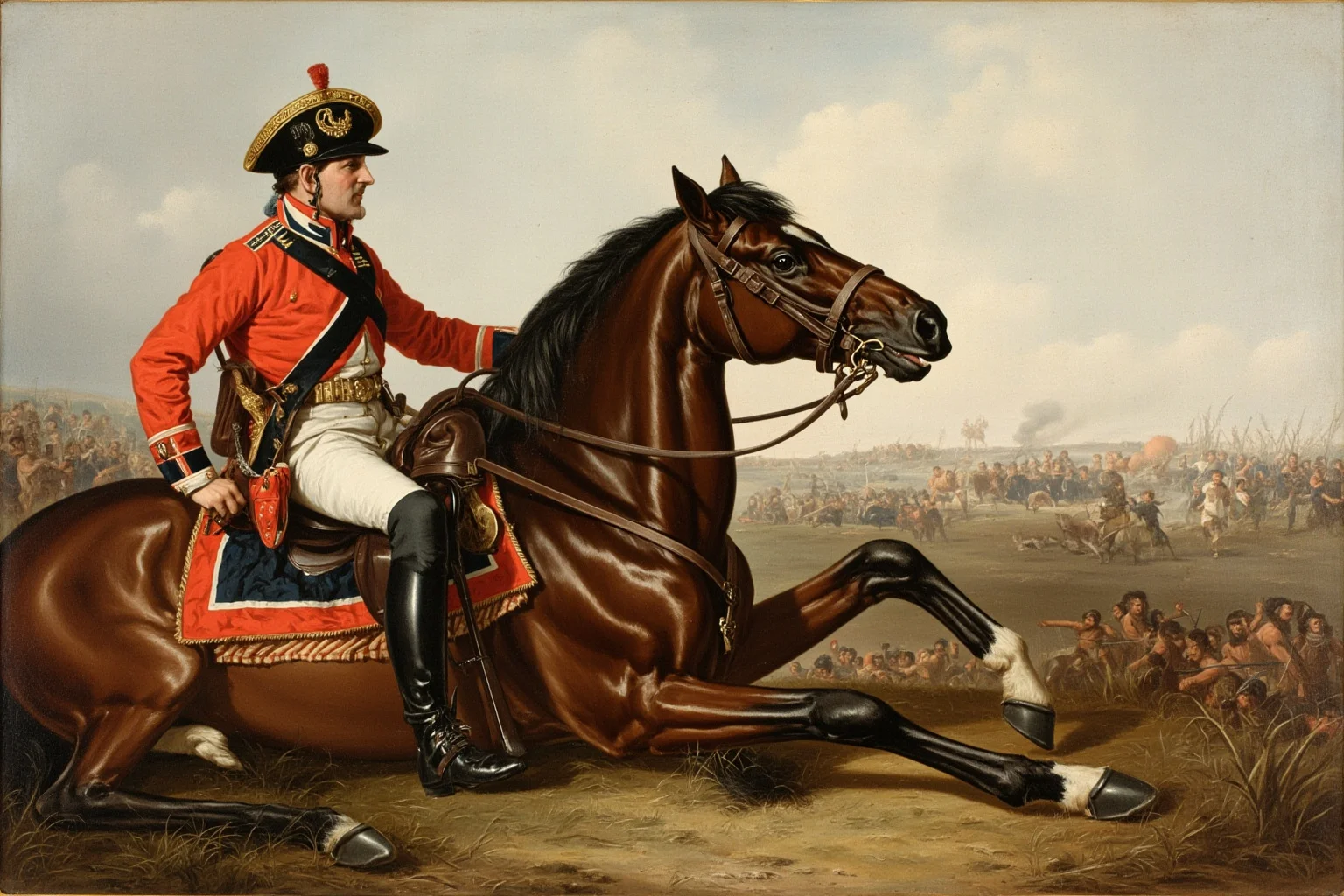 Famous Horses in History: 22 of the Most Legendary Names 9 A muscular bay warhorse with battle-worn tack resting near a British cavalry officer on the Waterloo battlefield, historical painting style