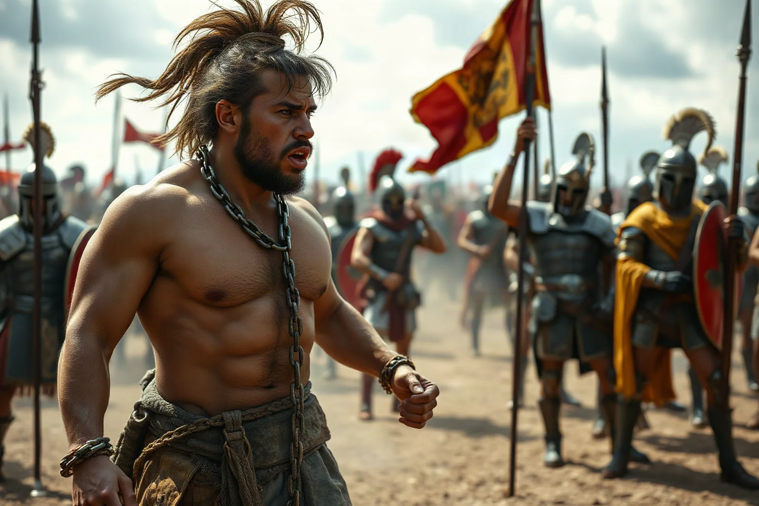 A muscular enslaved man in chains leading a rebellion, with a group of armed fighters behind him standing against Roman legionaries