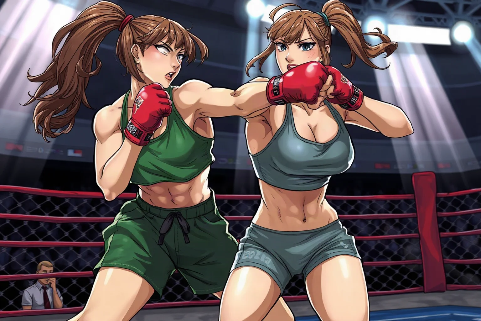 A muscular female mixed martial arts fighter mid-strike during a match, dynamic sports illustration