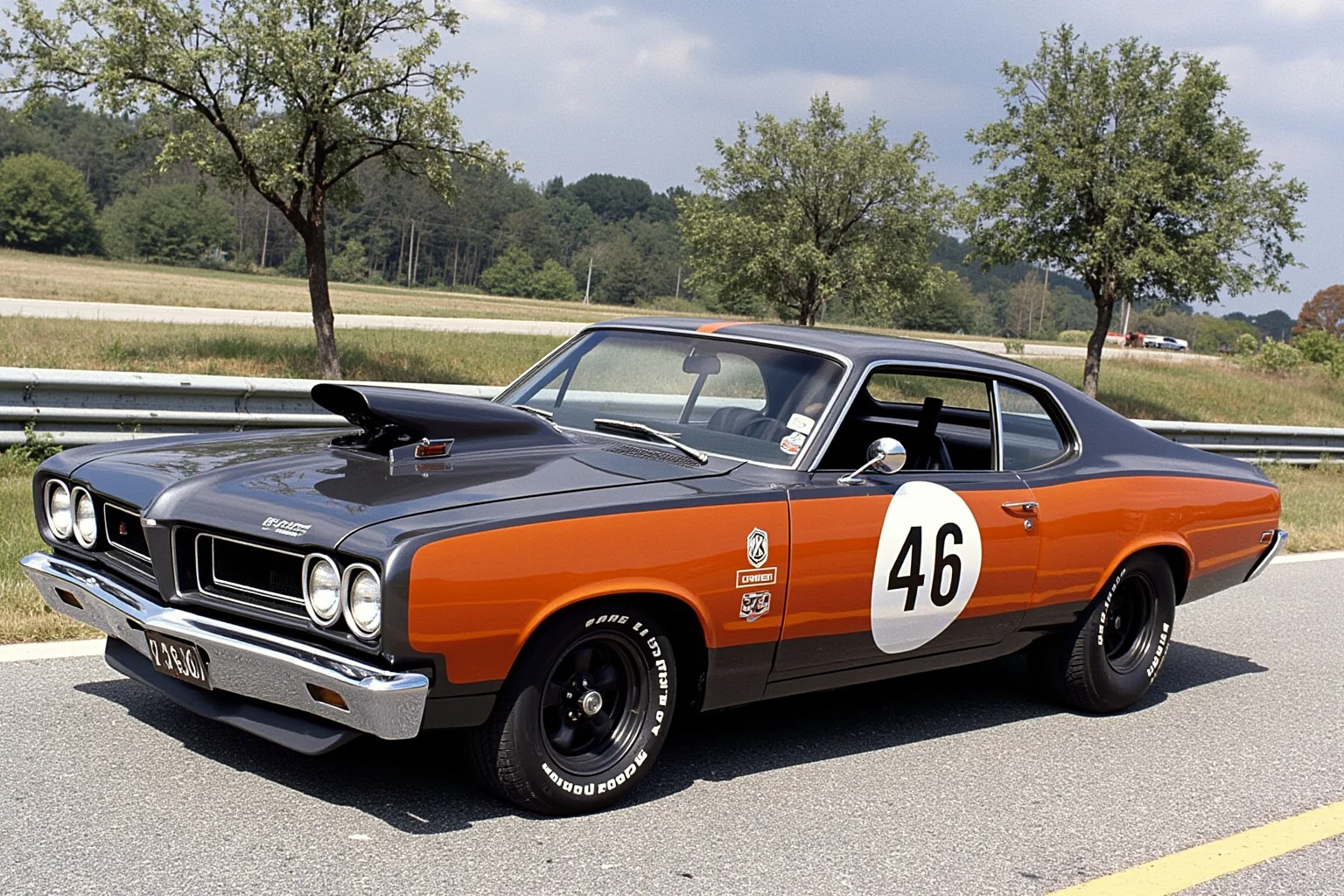 A muscular mid-size 1960s coupe with a wide grille, hood scoop, and bold racing stripes