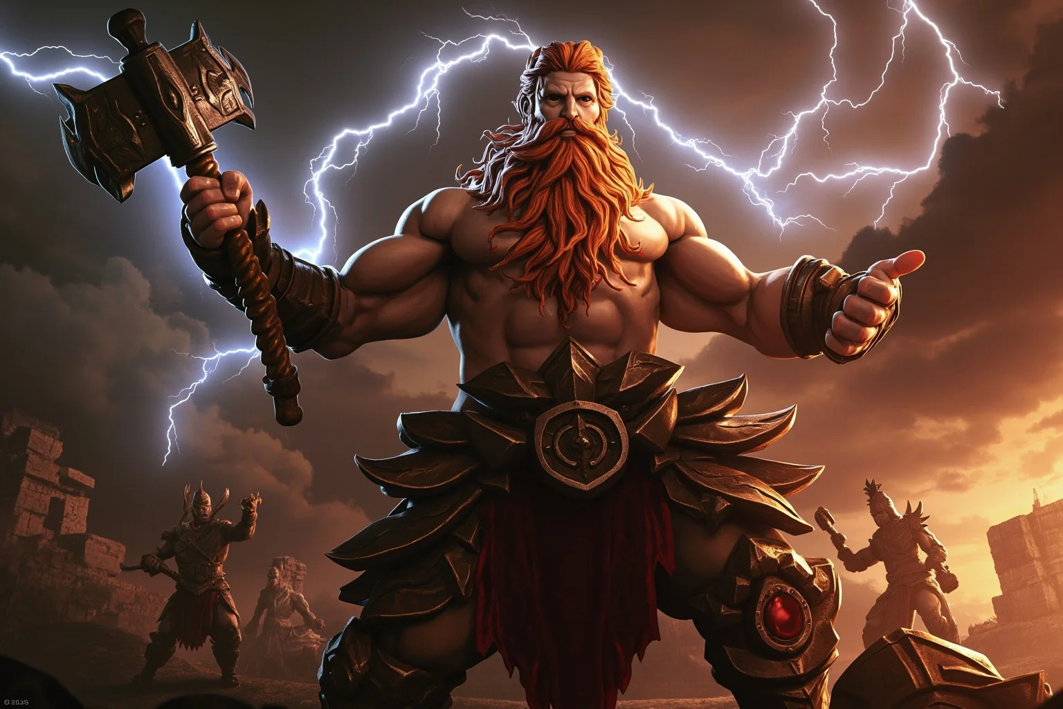 From Thor to Loki: 20 Gods, Goddesses, and Heroes of Norse Mythology 4 A muscular red-bearded warrior god holding a short-handled hammer, storm clouds and lightning behind him, dynamic fantasy art