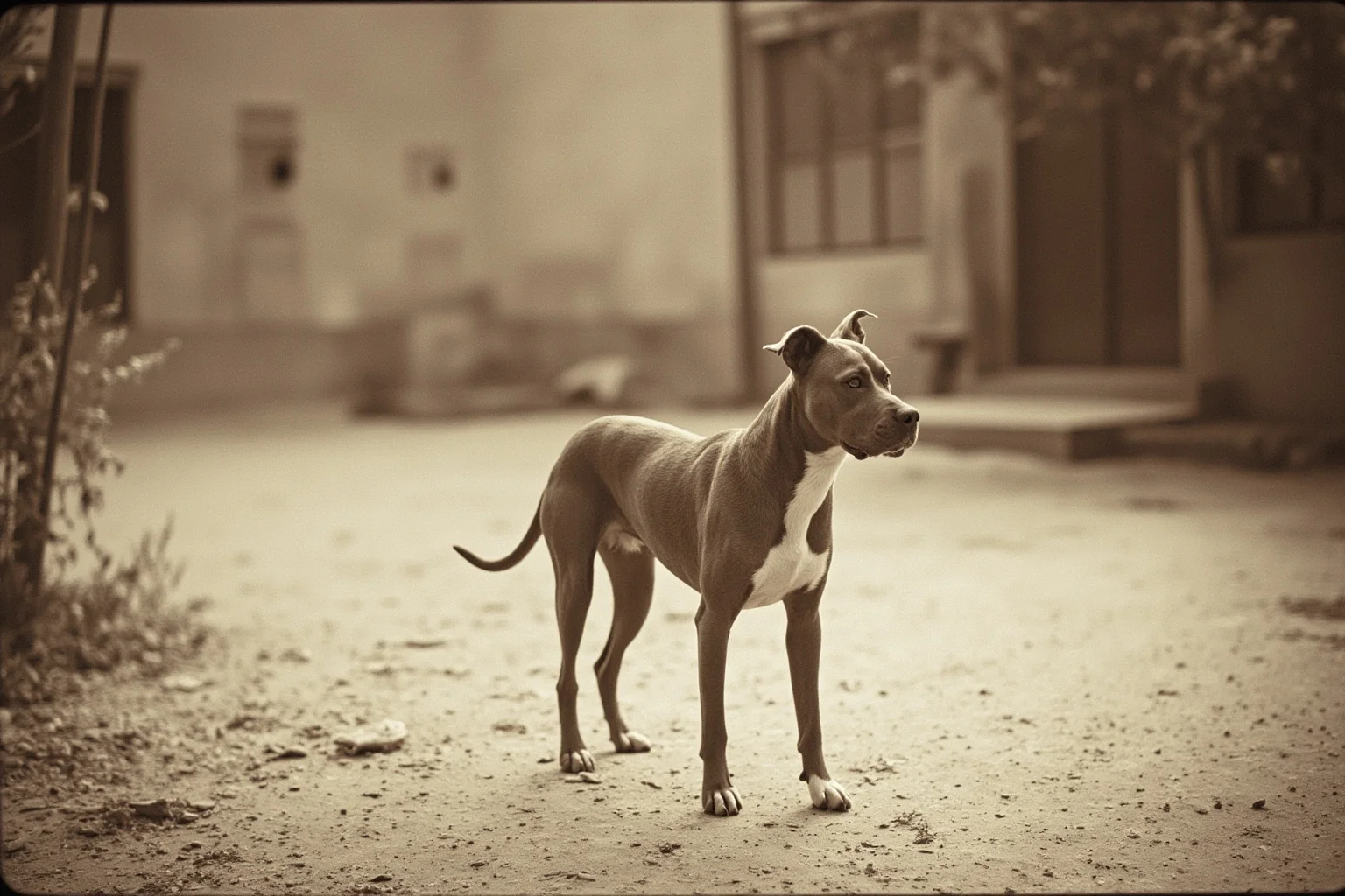Pooches of the Past: 23 Extinct Dog Breeds and Their Stories 11 A muscular short-coated fighting dog standing alert in a dusty rural Argentine courtyard, vintage photograph style