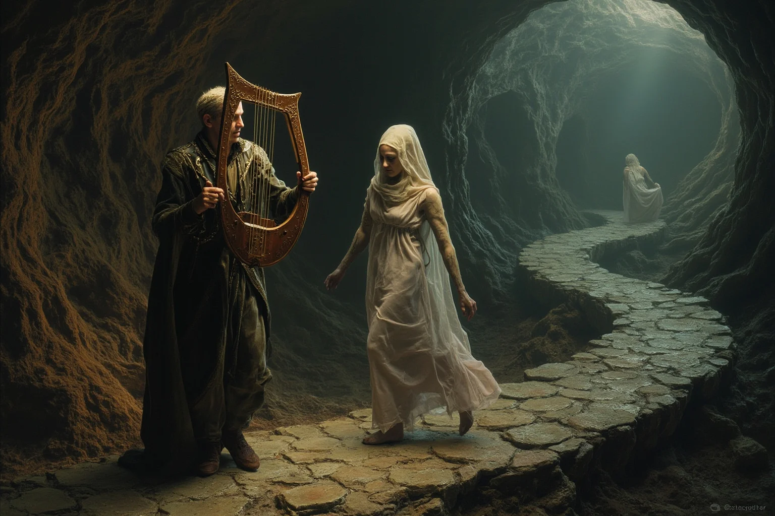 A musician playing a lyre while leading a ghostly female figure up a winding path from the underworld, with a warning to not look back